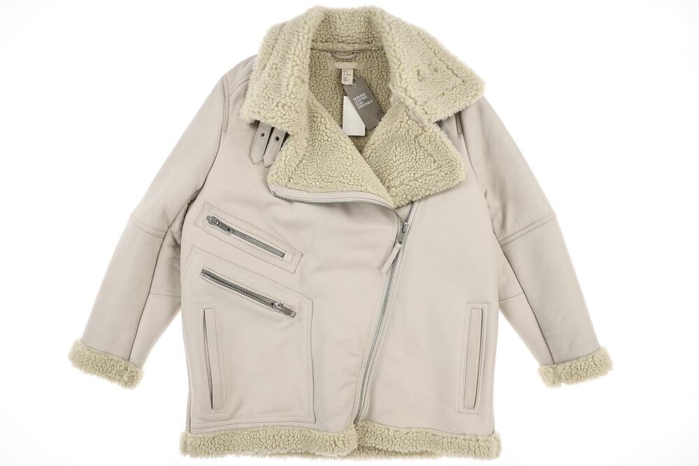 H&M Womens Genuin Leather shearling ivory moto Jacket Zip size US14/EU 46